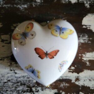 Vintage Limoges France Butterfly Heart Shaped Porcelain Trinket Box Hinged Lid